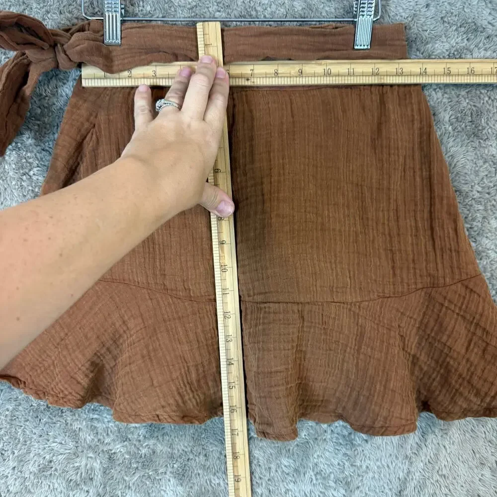 By Anthropologie XS Wrap Mini Skirt Brown Muslin Cotton Tiered Ruffle - Picture 8 of 8